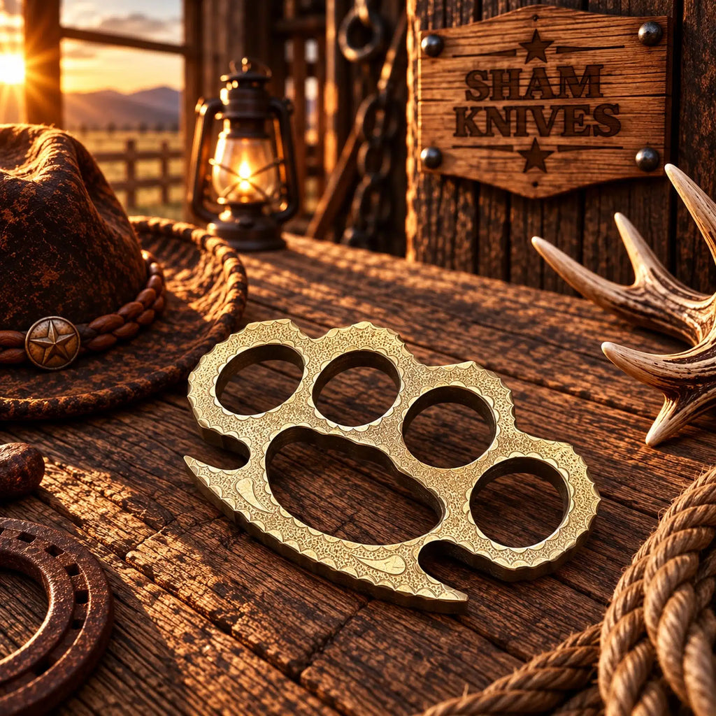 Textured golden brass knuckle grip with scalloped engraved borders