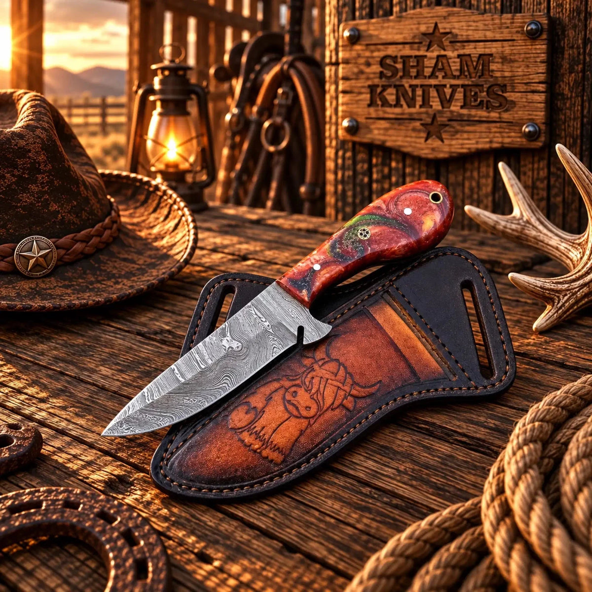 The Doc Holliday Damascus Ranch Working Knife – Resin Handle & Sheath - SHAM KNIVESSkinning KnifeSHAM KNIVESThe Doc Holliday Damascus ranch working knife with resin handle