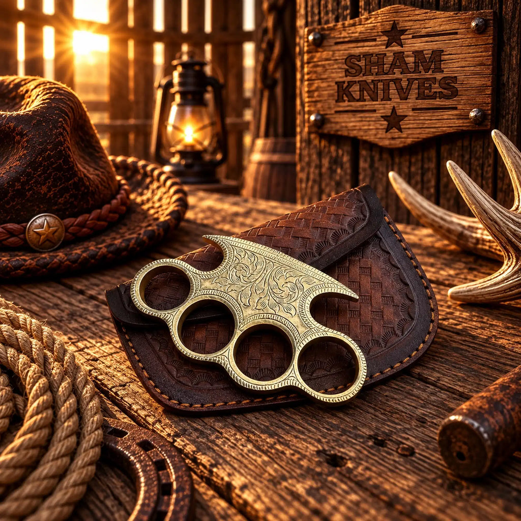  The Emperor engraved brass knuckle display piece with brown leather sheath