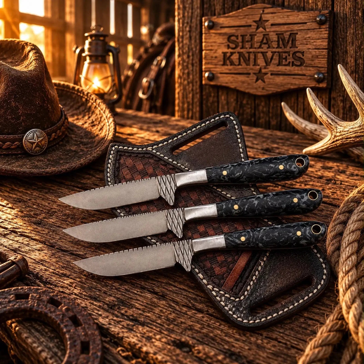 The Ridge Riders Trio Farrier Rasp Skinning Knives – Black Resin - SHAM KNIVESSkinning KnifeSHAM KNIVESRidge Riders Trio farrier rasp steel skinning knife set