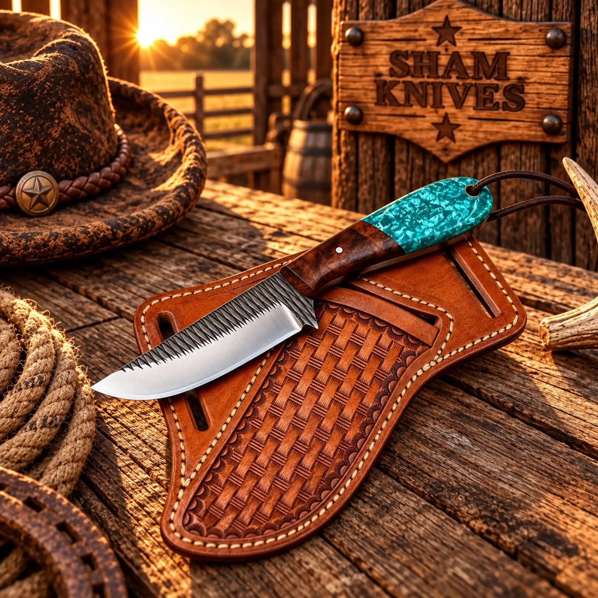 The Stampede Farrier Rasp Steel Western Cowboy Knife With Rosewood & Turquoise handle - SHAM KNIVESCowboy KnifeSHAM KNIVESThe Stampede Farrier rasp steel Western cowboy knife