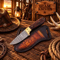 The Wrangler Damascus steel skinning knife with wood handle