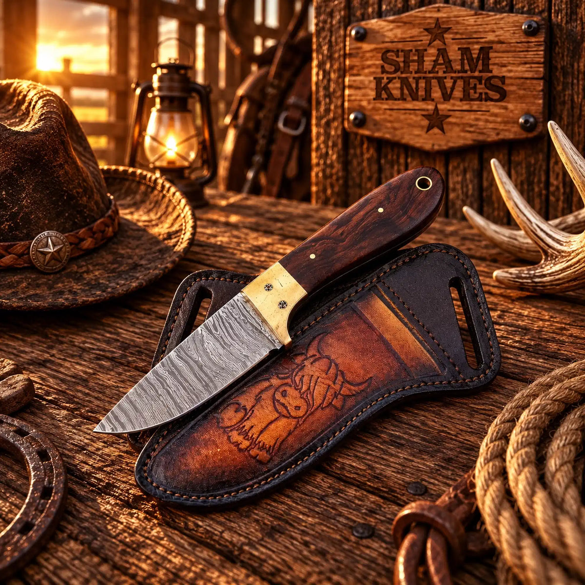 The Wrangler Damascus steel skinning knife with wood handle