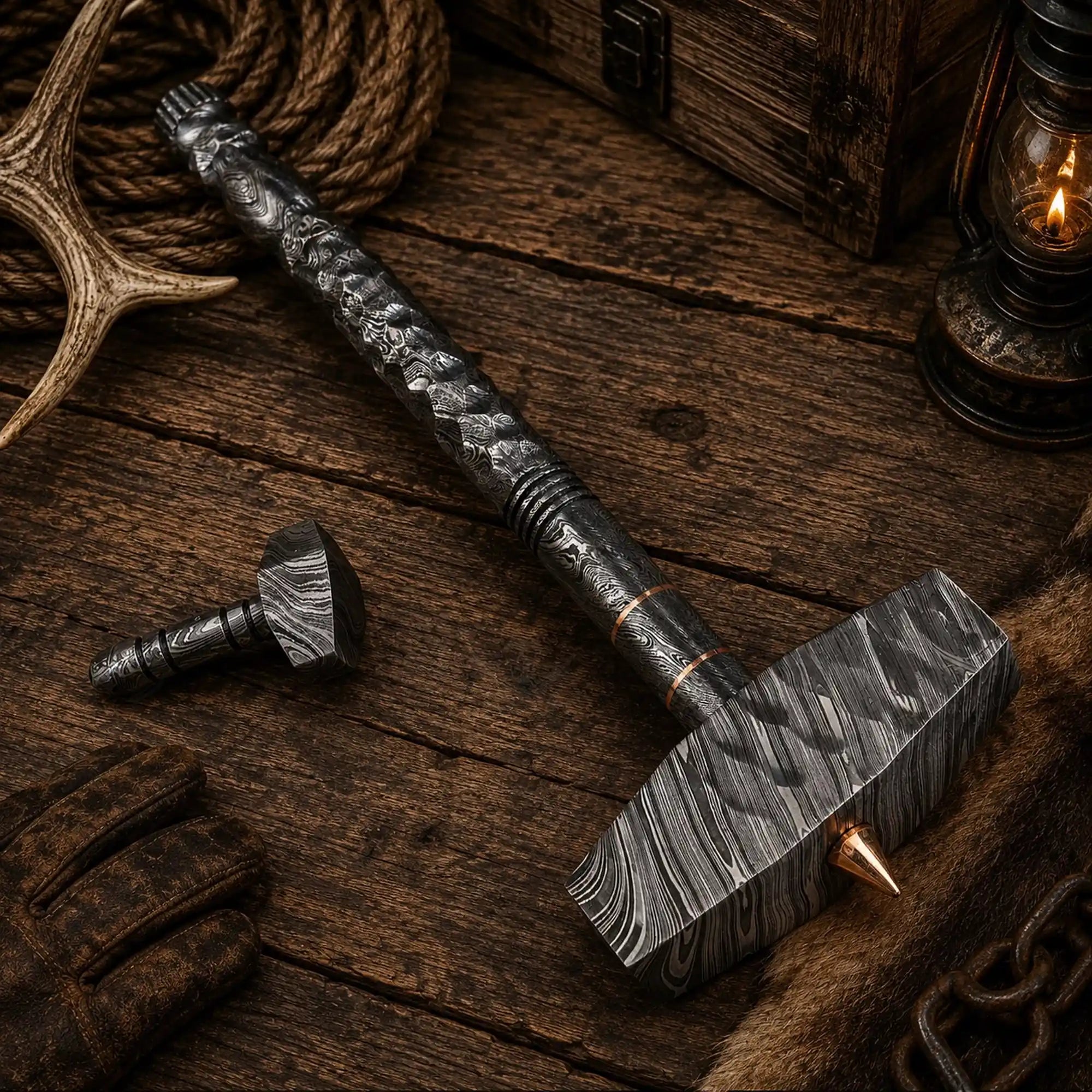 Thor’s Legacy hand-forged Damascus-steel Mjölnir hammer set