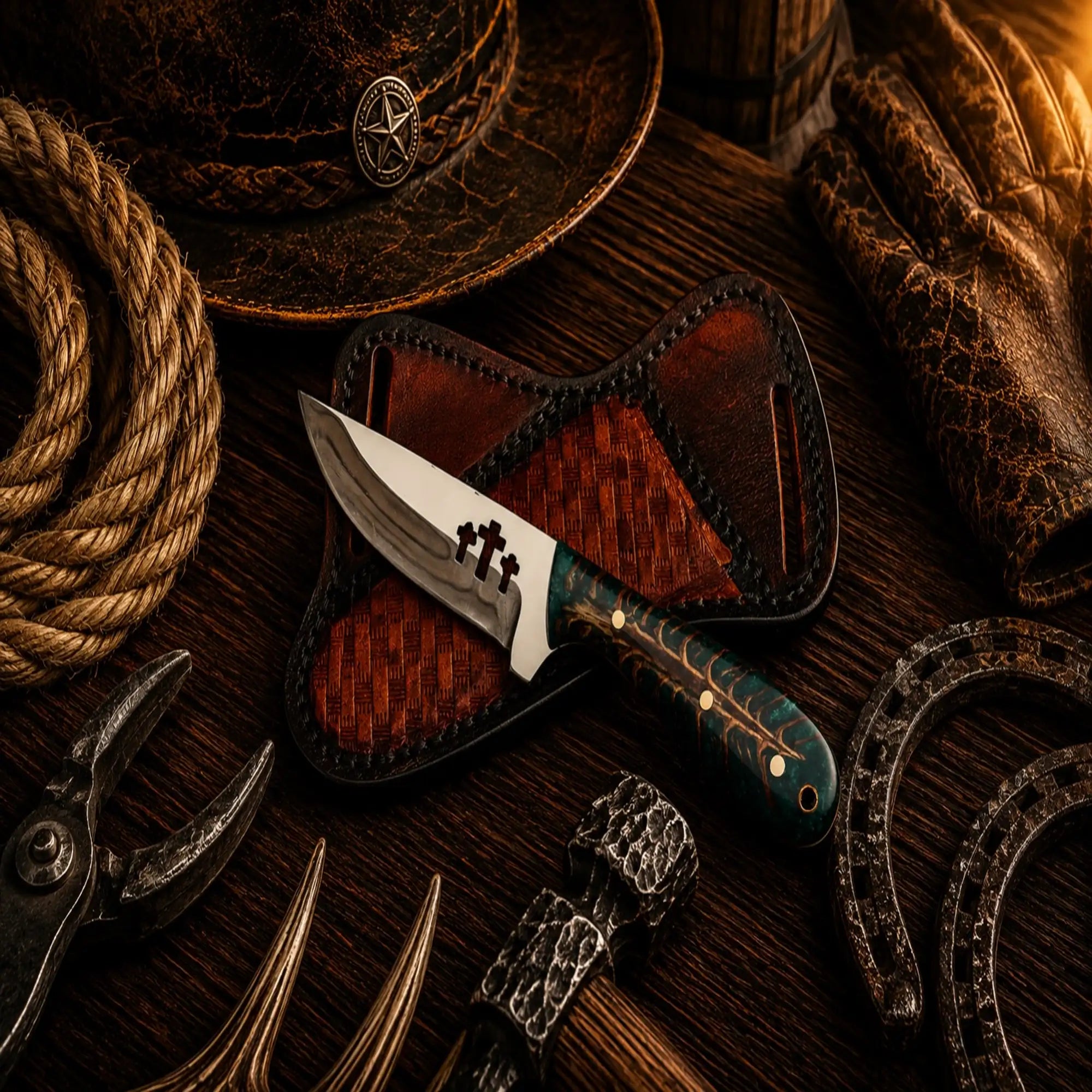 Three Cross Buckaroo Field Knife with 3.75-inch D2 steel blade.