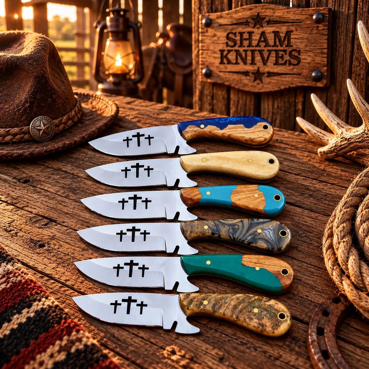 Three Cross six-piece D2 cowboy skinning knife set
