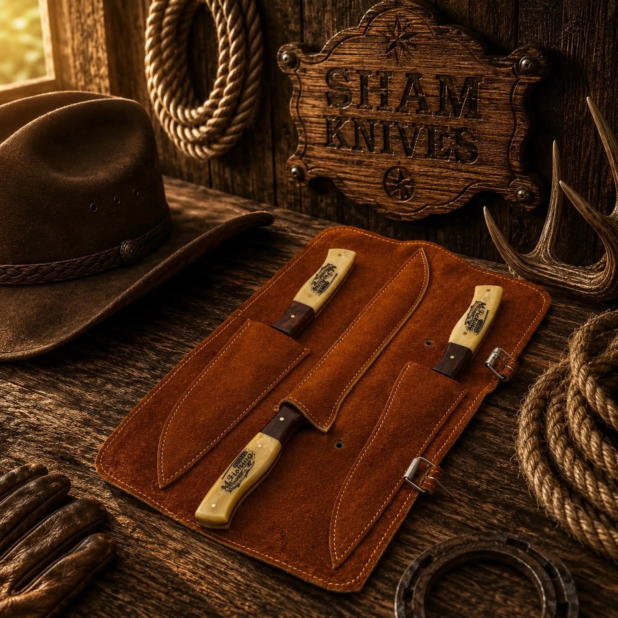 Stainless steel fillet knives displayed in a leather storage roll