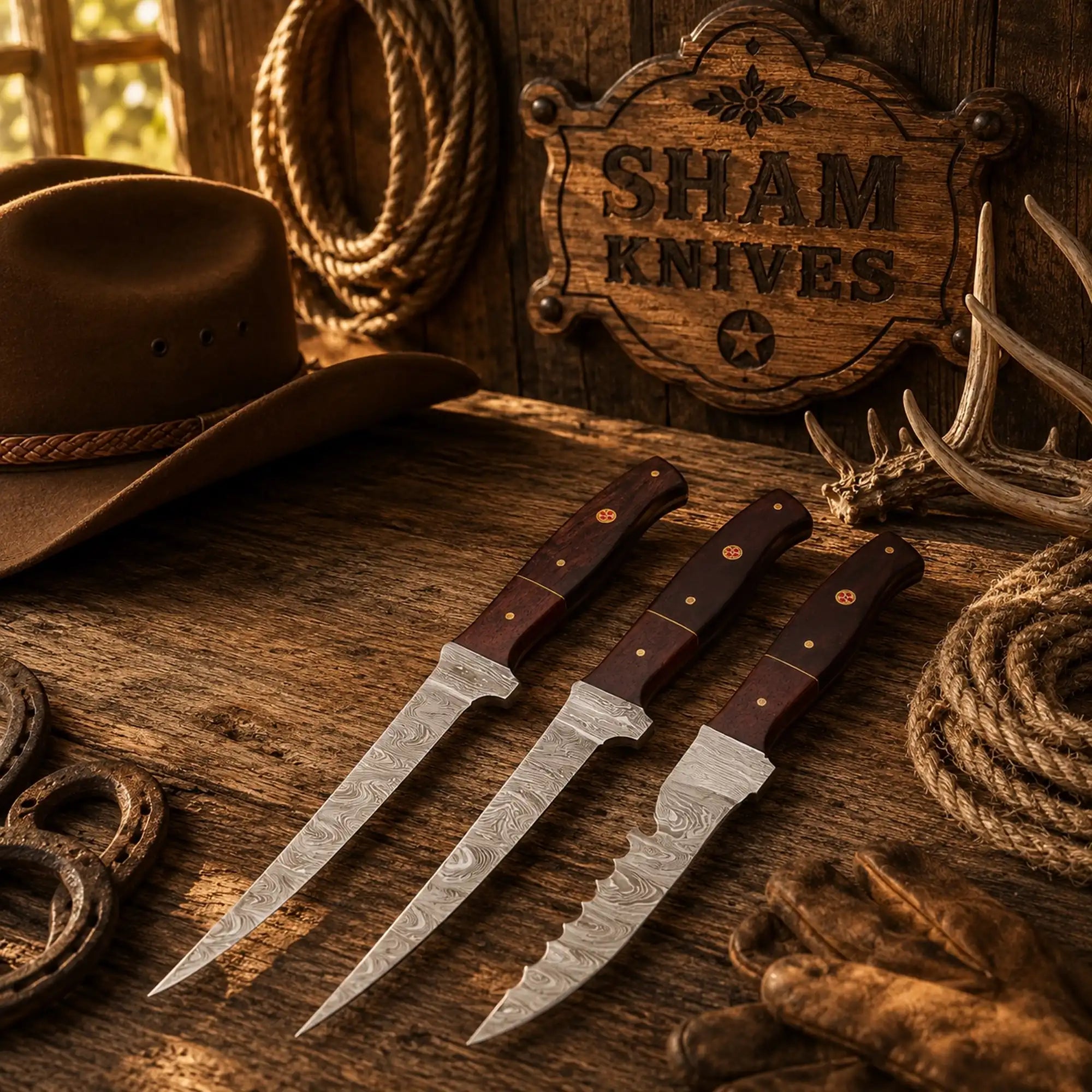 Flexible Damascus fishing knives with rosewood handles