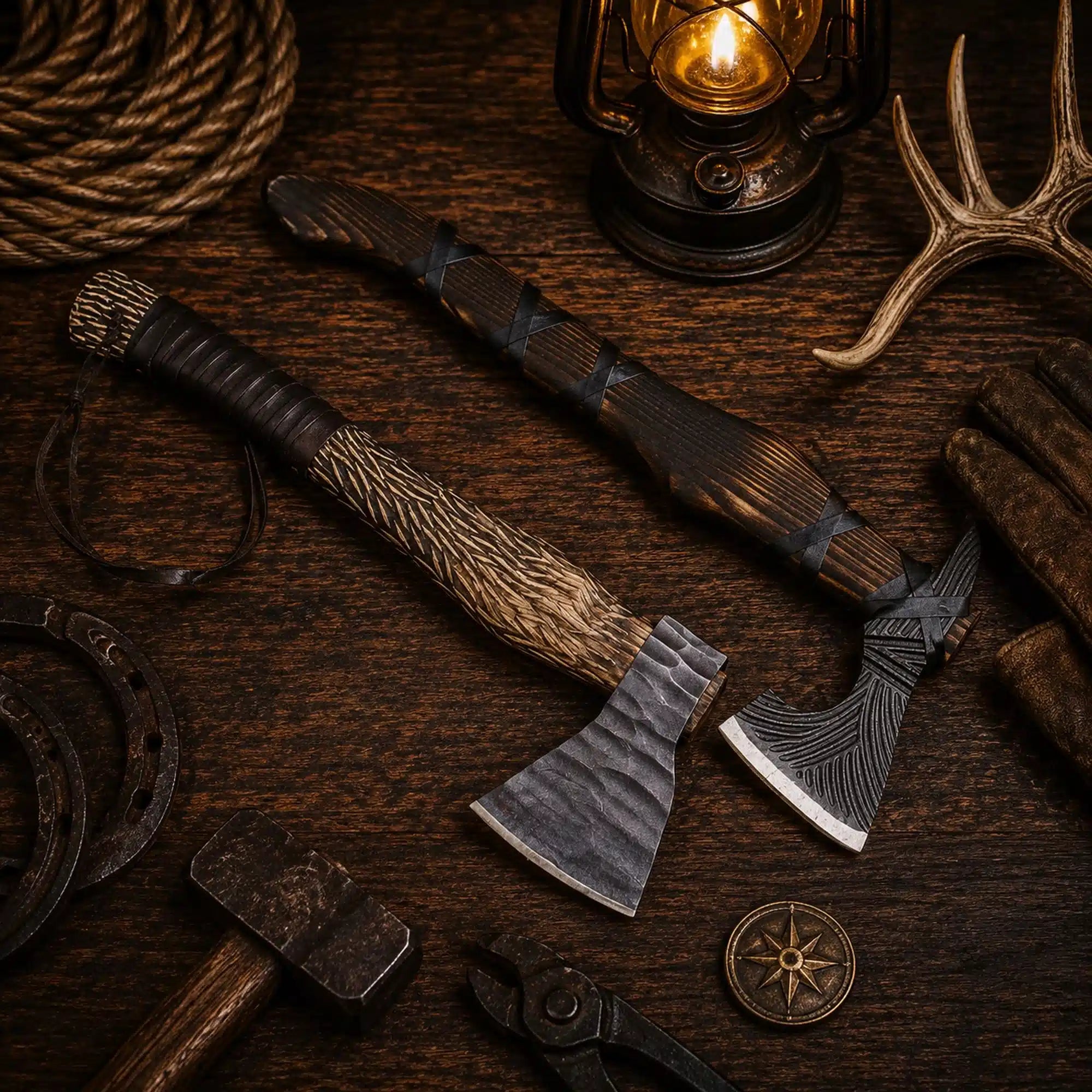 Tomahawk and battle Viking axe pair with leather sheaths