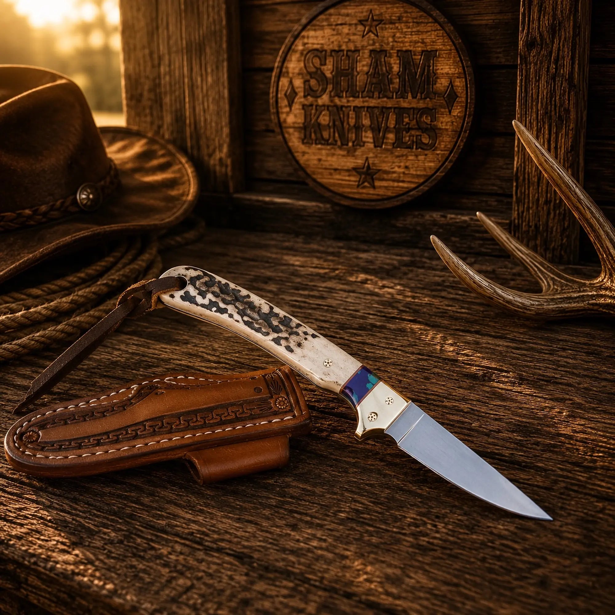 Toothpick Buckaroo knife with 4-inch D2 blade and stag resin handle