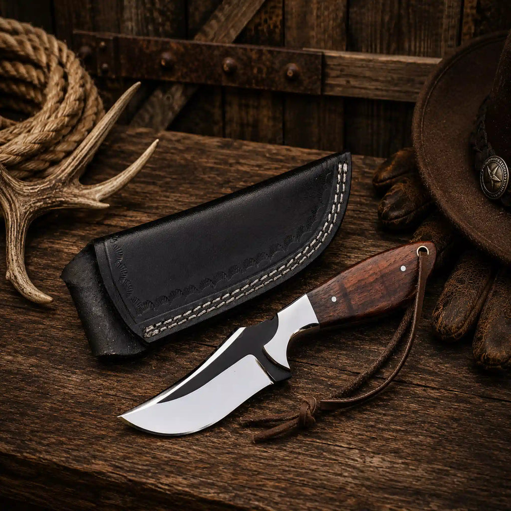 Handmade Cowboy Skinning Knife with 3.5-inch D2 steel blade, rosewood handle, and genuine leather belt sheath