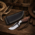 Handmade Cowboy Skinning Knife with 3.5-inch D2 steel blade, rosewood handle, and genuine leather belt sheath