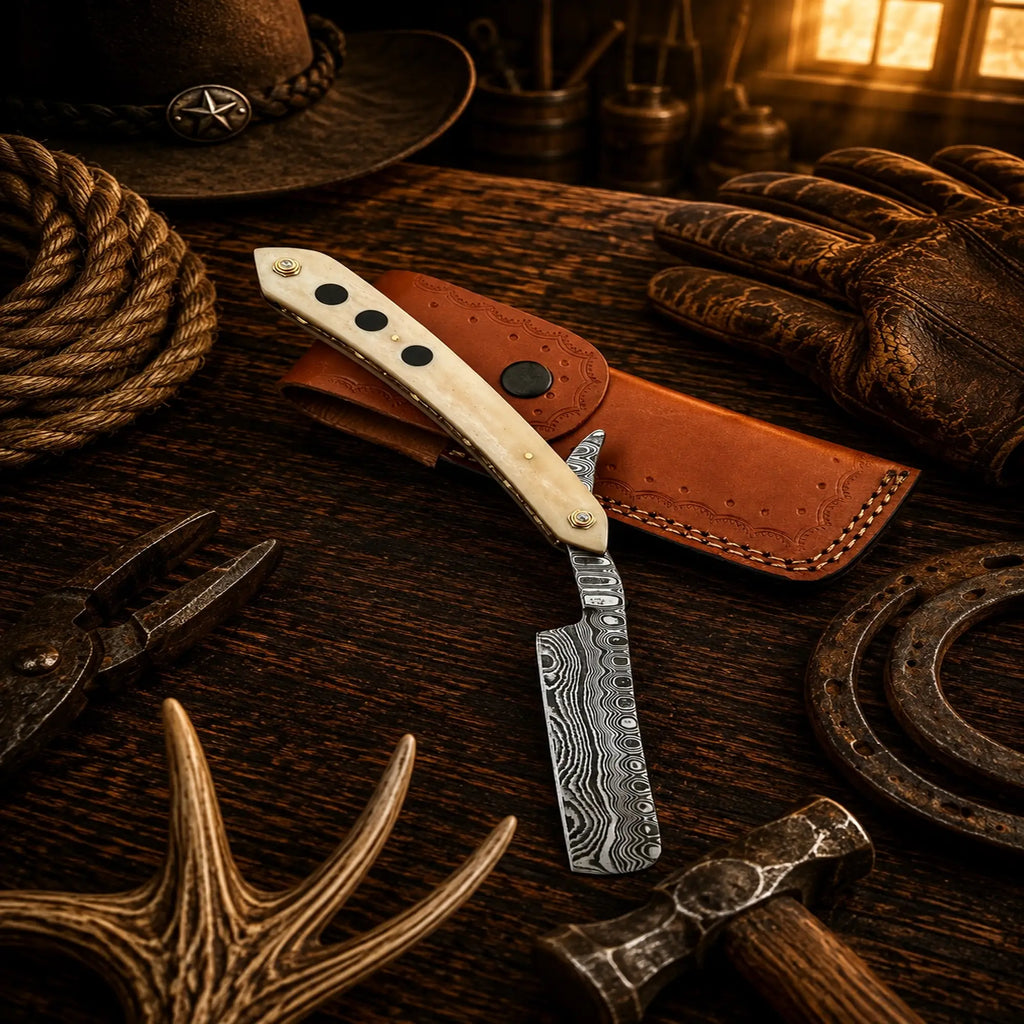 Professional straight razor with Damascus steel blade and leather sheath