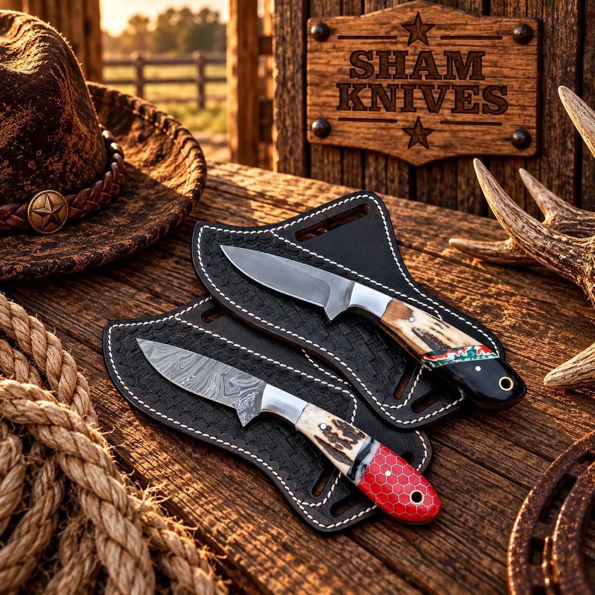 Traditional cowboy hunting knife set with D2 and Damascus steel blades