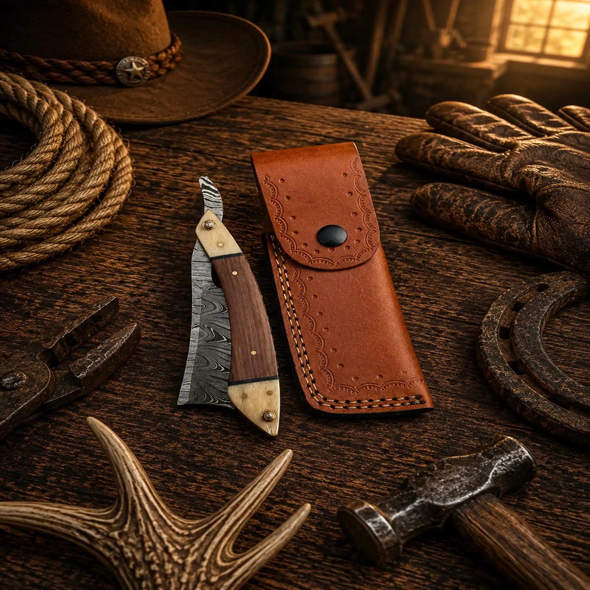 Legendary barber folding razor with 4.5-inch blade and leather storage sheath