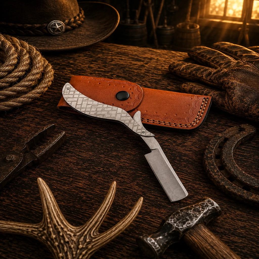 Traditional D2 steel shaving razor displayed with a brown leather storage sheath