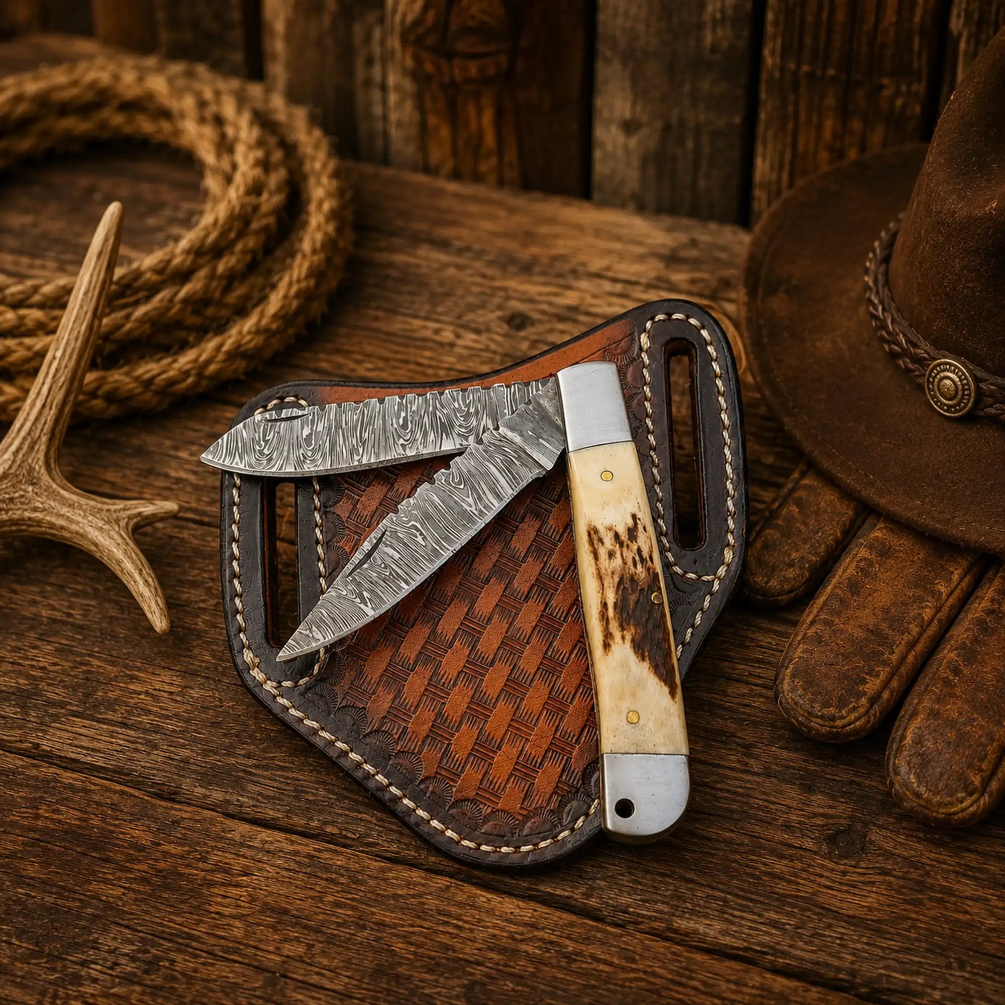Handmade Damascus trapper pocket knife with antler horn handle