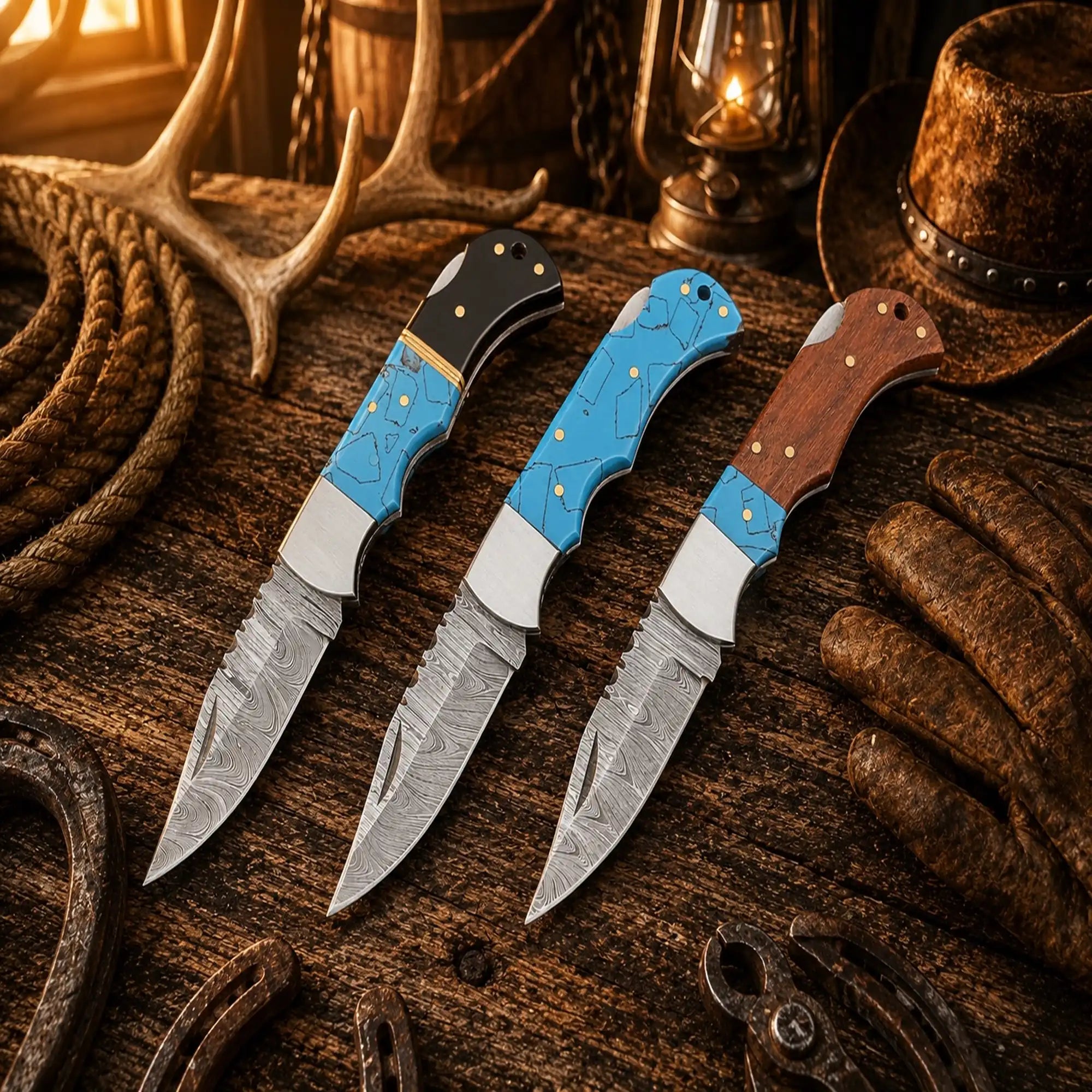Trio Rancher Damascus pocket knife set with turquoise stone and buffalo horn handles