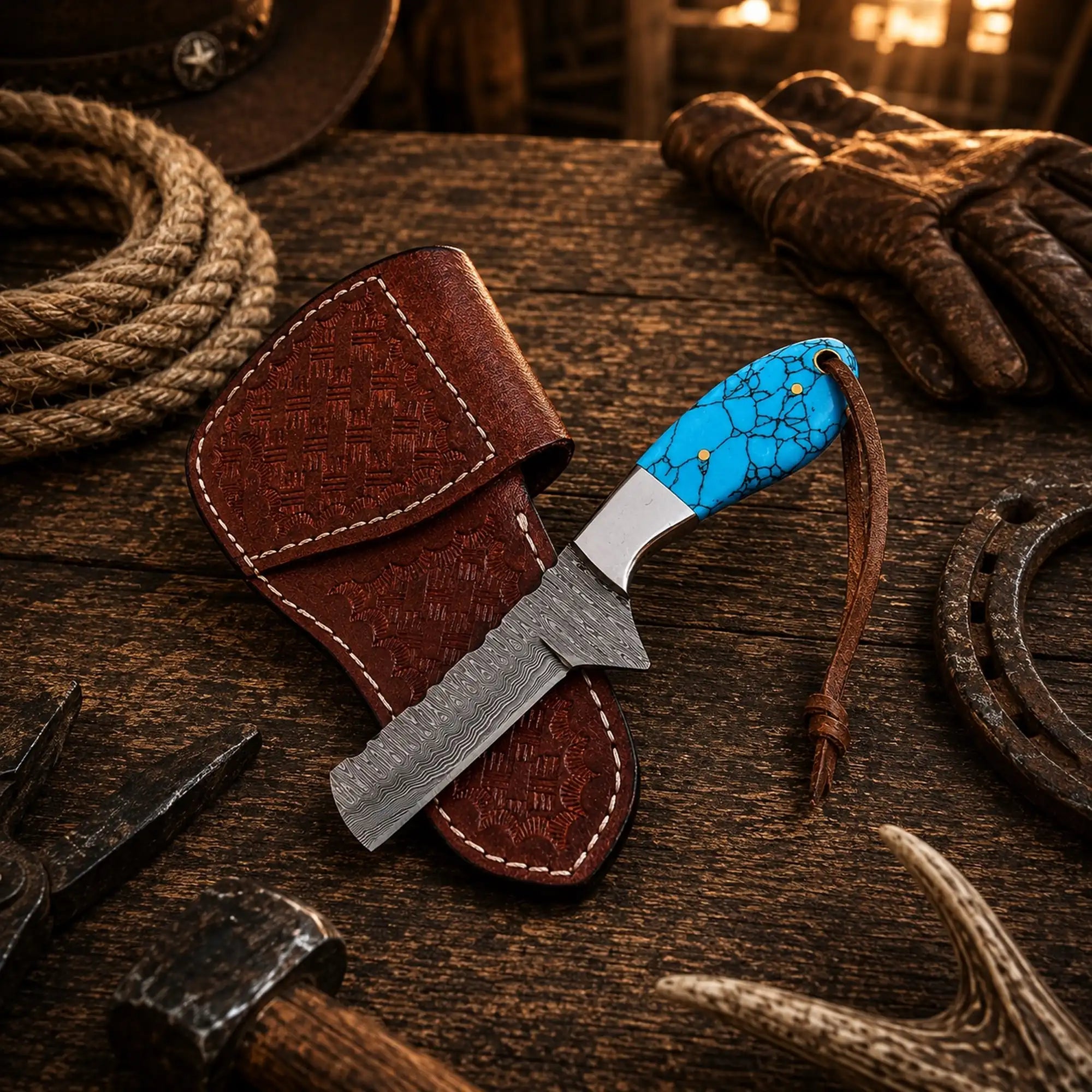 Handmade turquoise cowboy bull cutter knife with Damascus steel blade and pancake leather sheath.