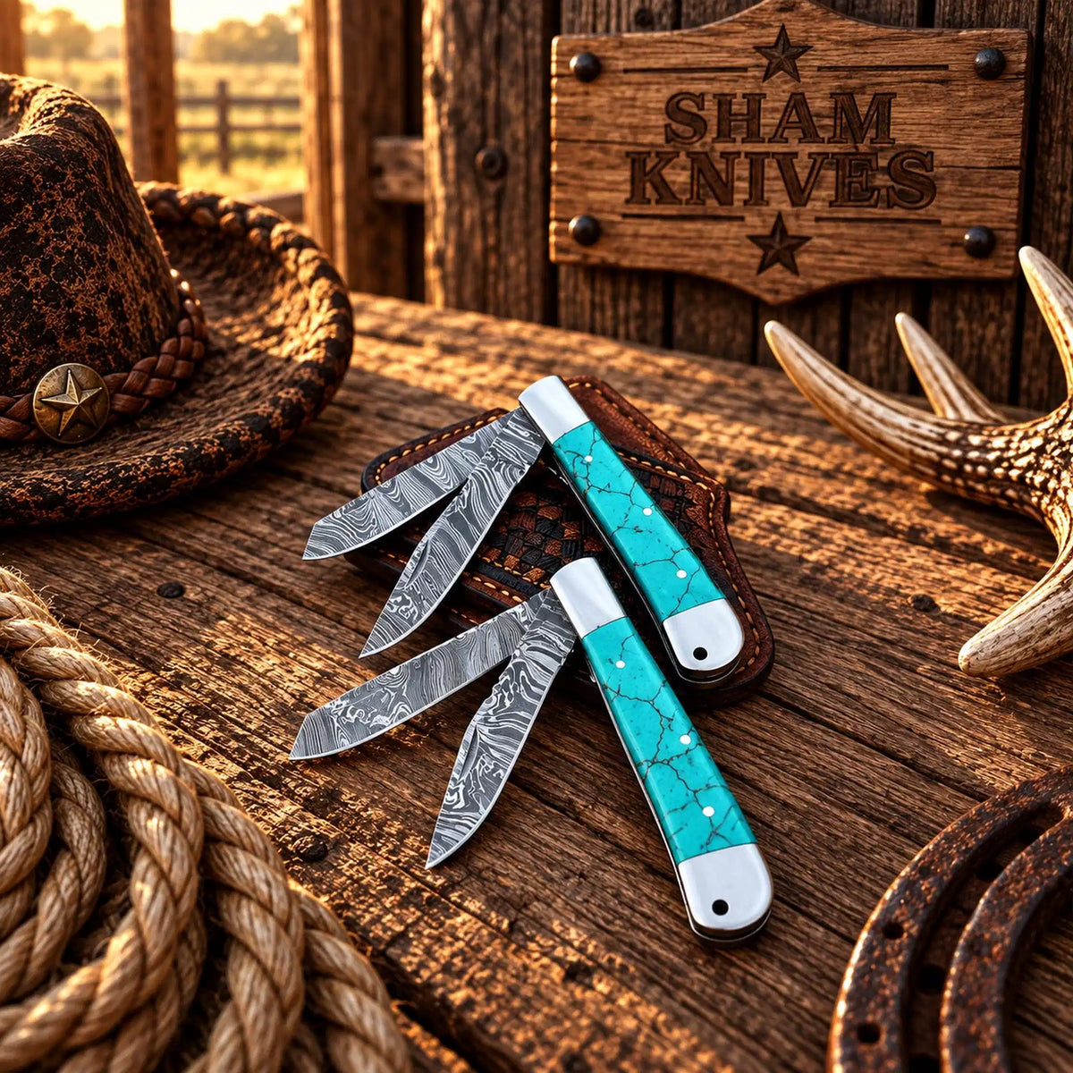  Turquoise Damascus trapper folding knife with two open blades