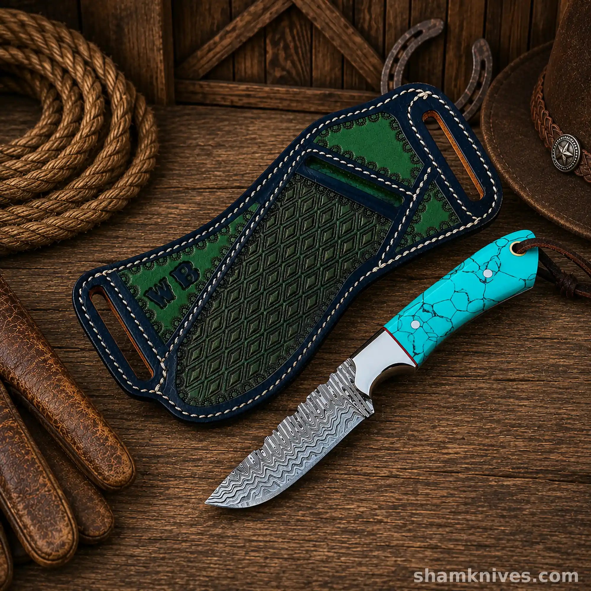 Handmade Damascus hunting knife featuring turquoise stone handle