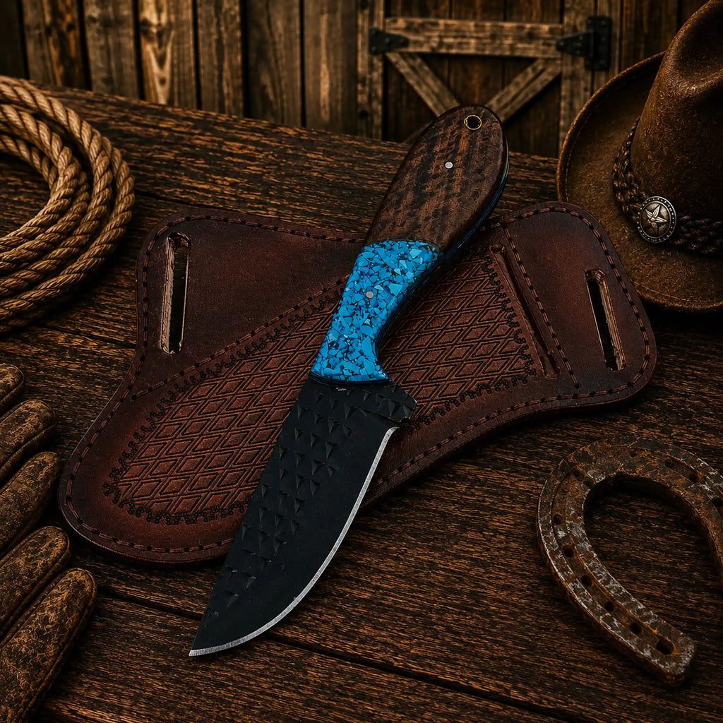 Cowboy ranch knife featuring black coated rasp steel blade and rosewood scales.
