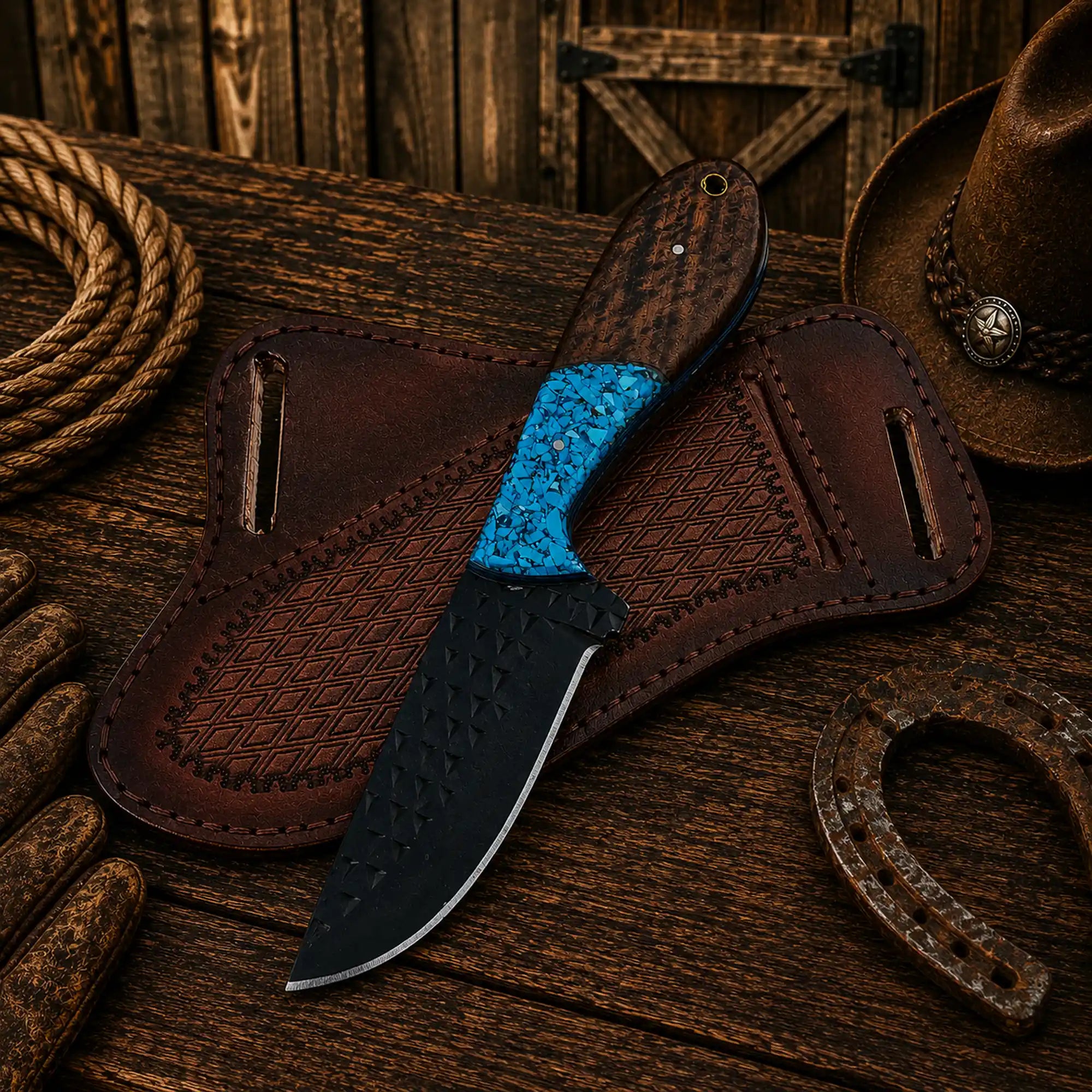Cowboy ranch knife featuring black coated rasp steel blade and rosewood scales.