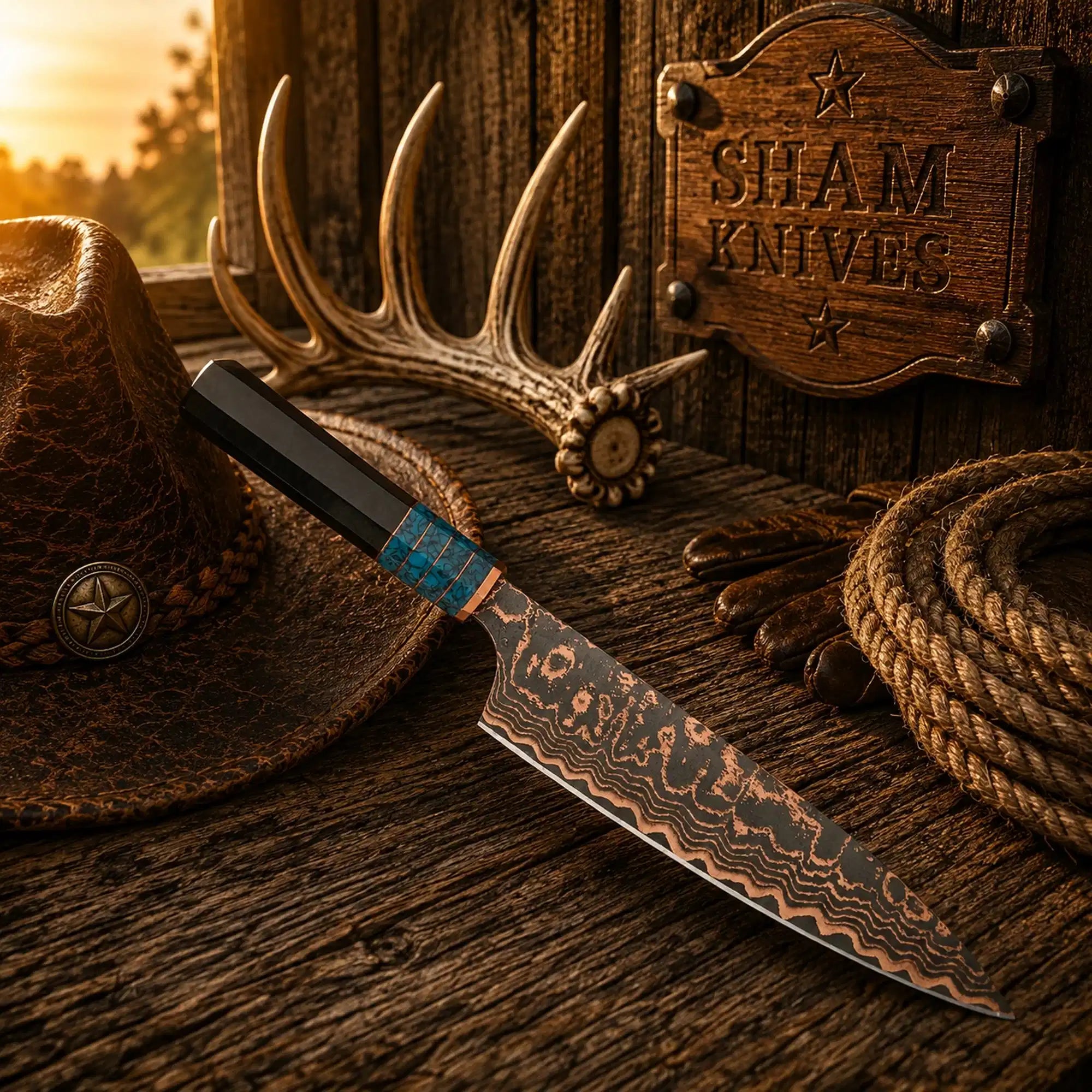 Turquoise Trail 13-inch Copper Damascus Gyuto chef knife