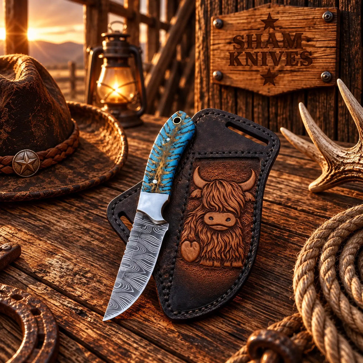 Turquoise Trail Damascus cowboy skinner knife with leather sheath