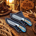 Turquoise Twilight Cowboy and bull cutter Knife – Damascus Steel Pine Cone Handles - SHAM KNIVESBull cutterSHAM KNIVESTurquoise Twilight Damascus cowboy and bull cutter knife set