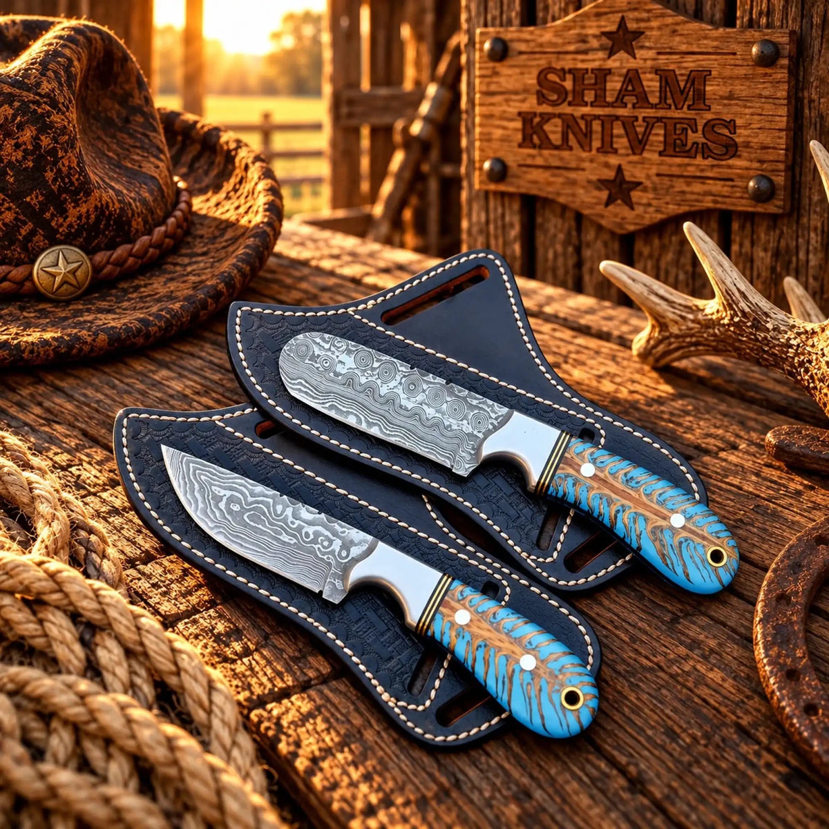 Turquoise Twilight Cowboy and bull cutter Knife – Damascus Steel Pine Cone Handles - SHAM KNIVESBull cutterSHAM KNIVESTurquoise Twilight Damascus cowboy and bull cutter knife set