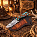 Turquoise and wood cowboy field-dressing knife with rasp steel blade