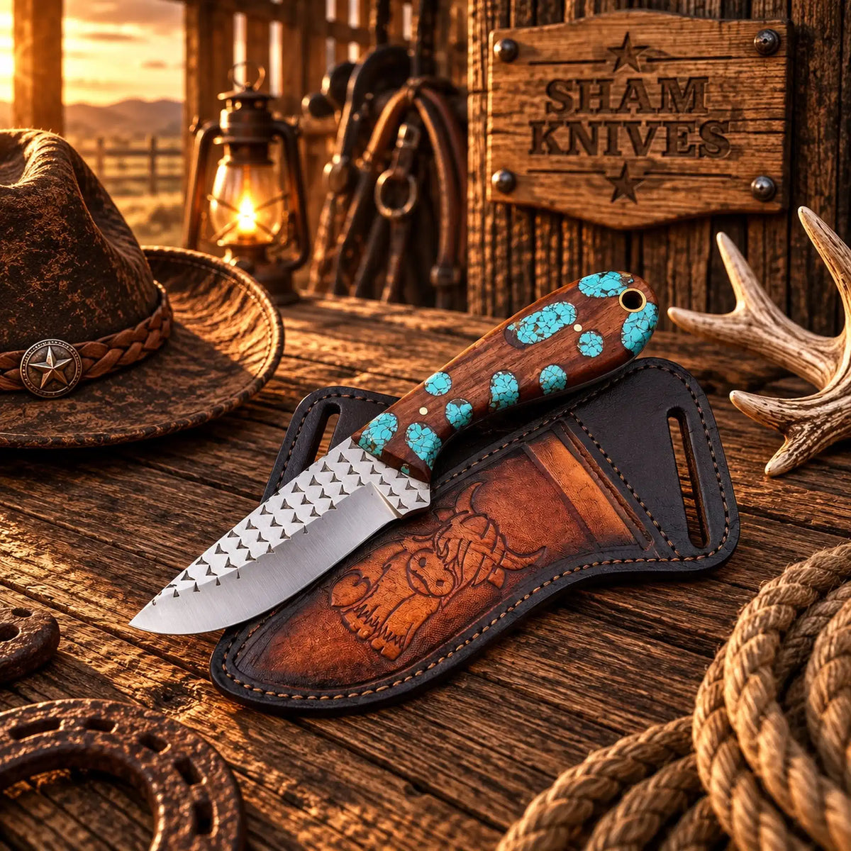 Turquoise and wood cowboy field-dressing knife with rasp steel blade