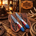 Custom Damascus cowboy skinner set with USA flag-inspired handles