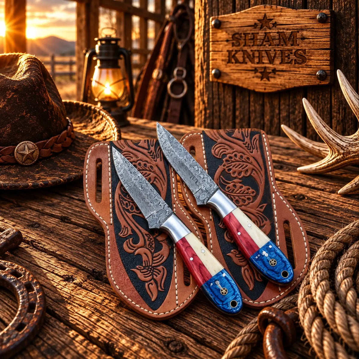 Custom Damascus cowboy skinner set with USA flag-inspired handles