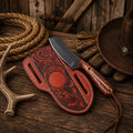 Handmade utility ranch knife with D2 rasp steel blade and pine cone resin handle with handcrafted leather belt sheath