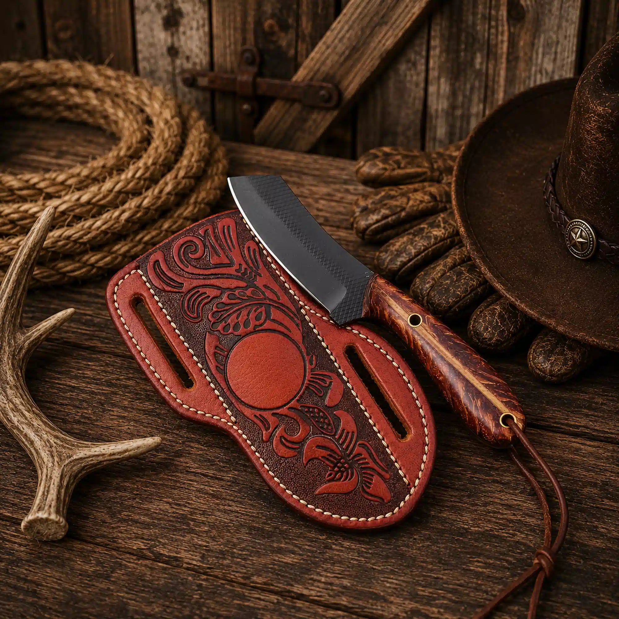 Handmade utility ranch knife with D2 rasp steel blade and pine cone resin handle with handcrafted leather belt sheath
