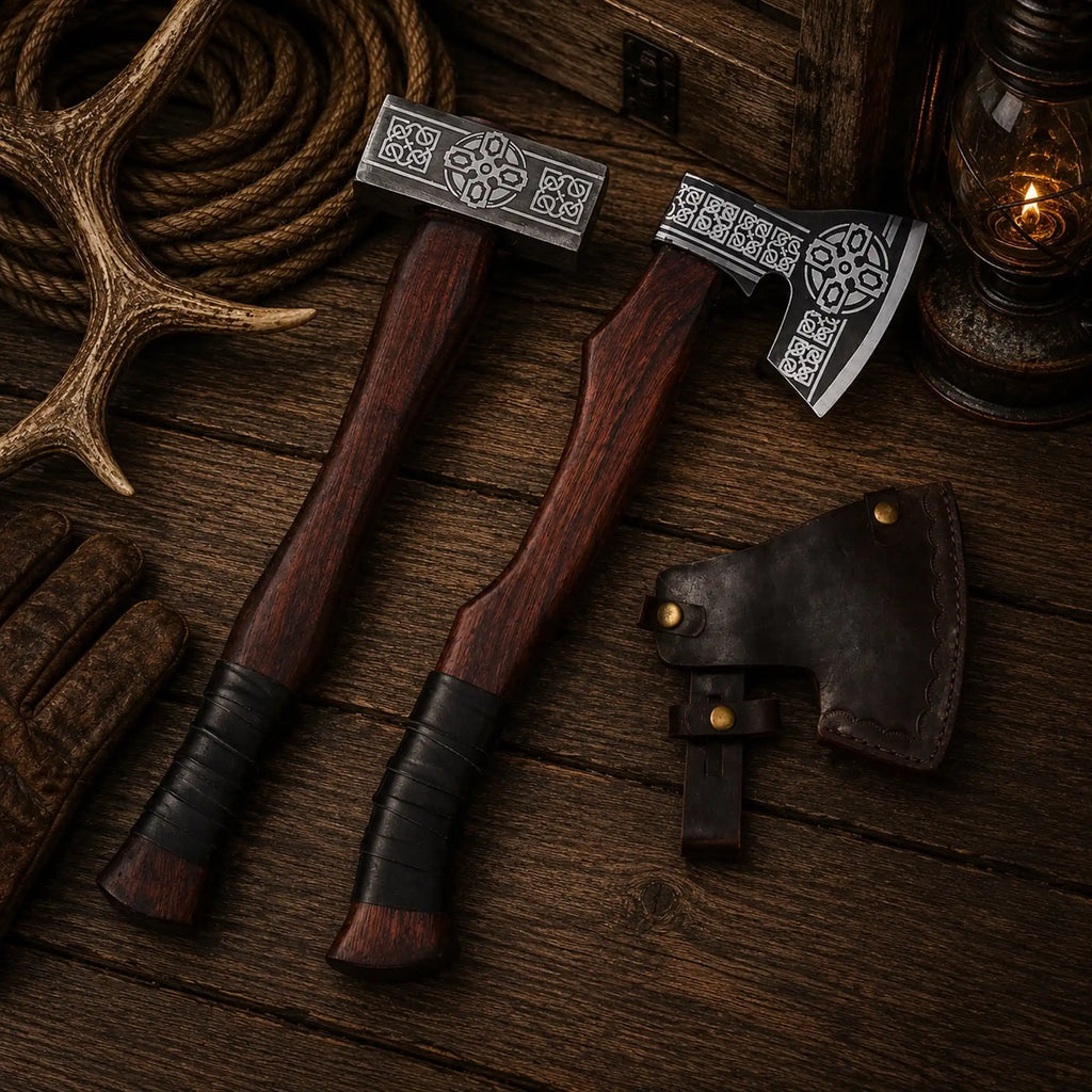 Valhalla Viking axe and hammer set with rosewood handles