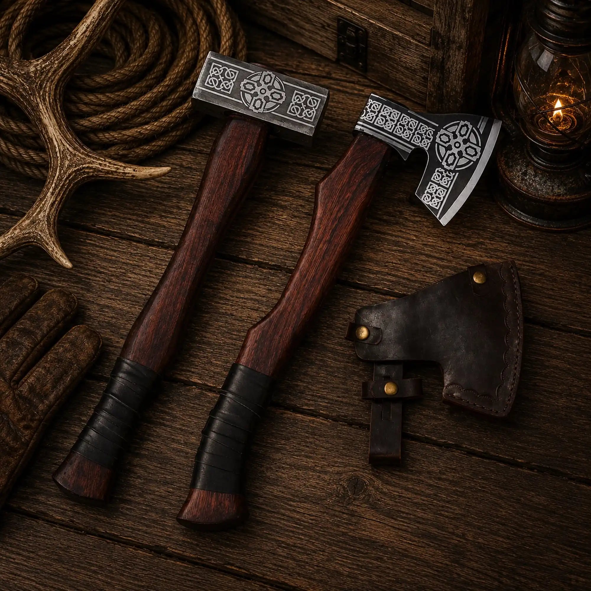 Valhalla Viking axe and hammer set with rosewood handles