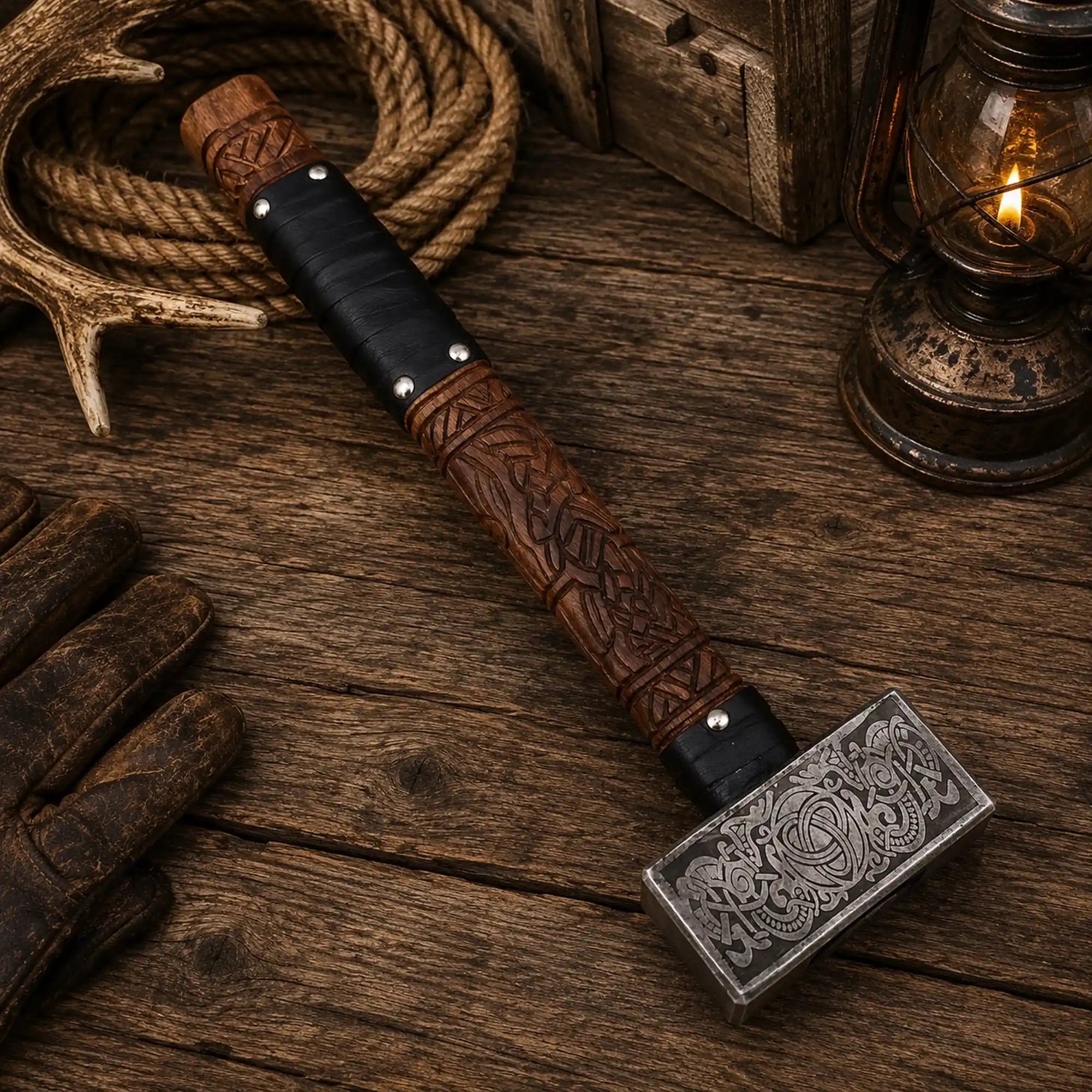 13-inch Valknut Viking battle hammer with carved rosewood handle