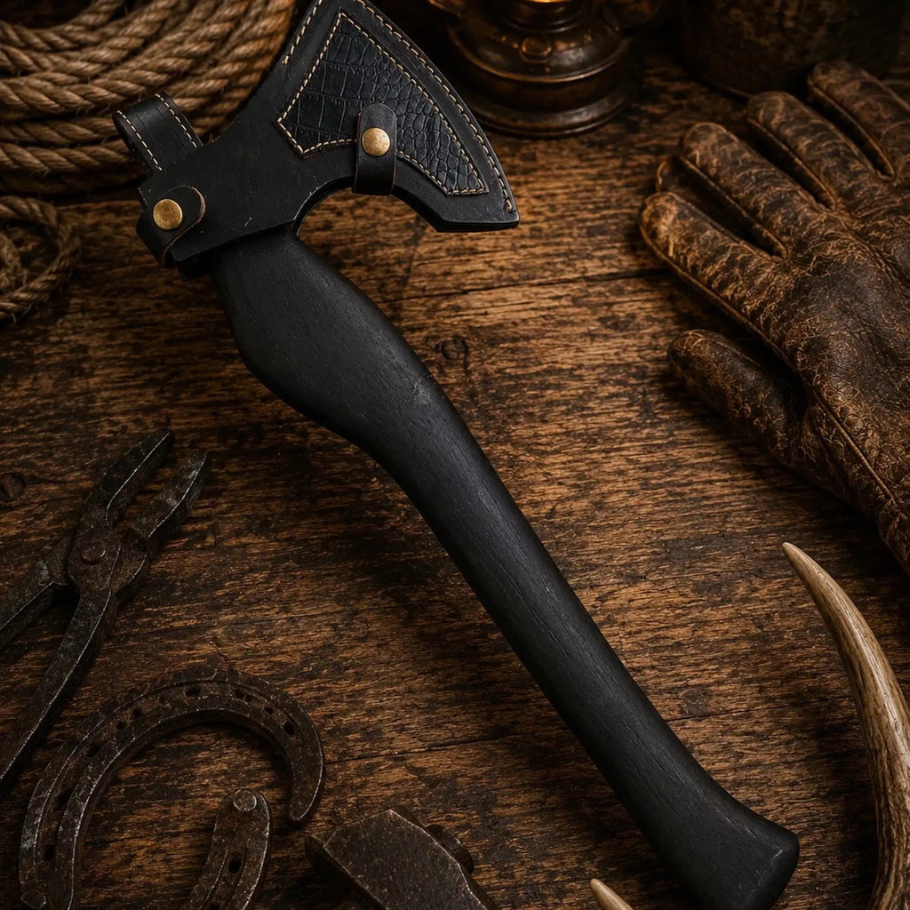 Handmade Viking bearded axe with sculpted black wooden handle with leather sheath