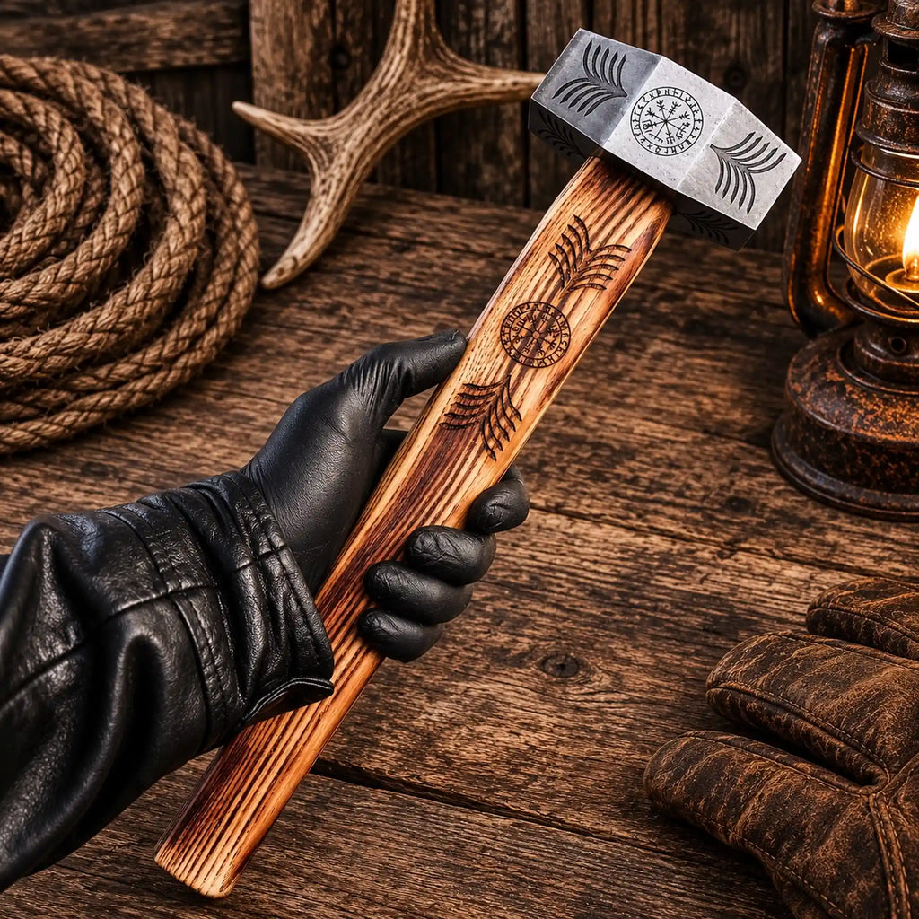 Vegvísir Viking-inspired forged-steel hammer with ash-wood handle