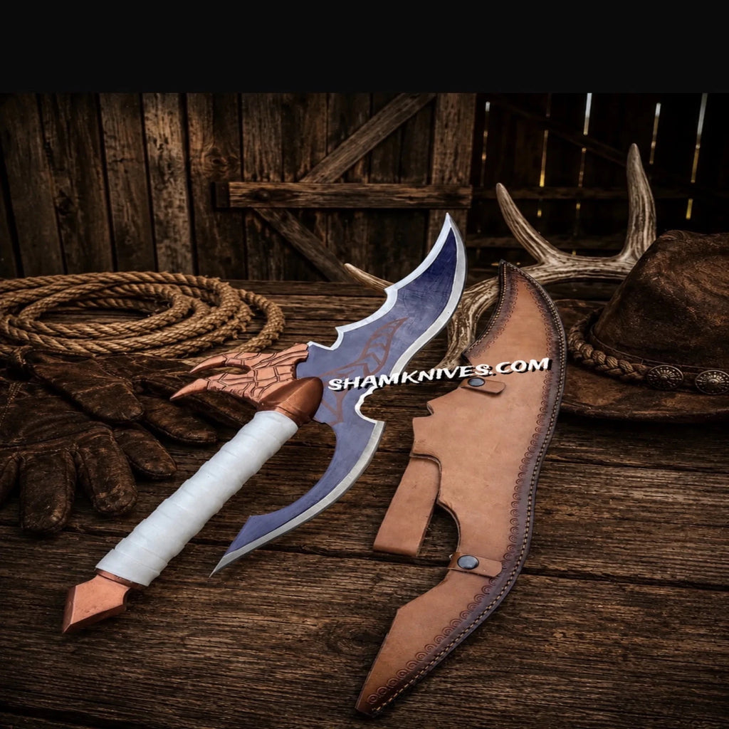 Venom Fang Fantasy Sword – 24" Handmade D2 Steel with Leather Sheath - SHAM KNIVESswordsSHAM KNIVESHandmade fantasy sword displayed with leather sheath