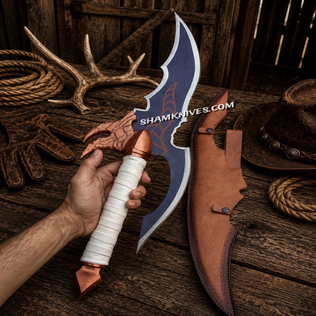 Venom Fang Fantasy Sword – 24" Handmade D2 Steel with Leather Sheath - SHAM KNIVESswordsSHAM KNIVESFull tang fantasy sword featuring rosewood handle with leather wrapped.