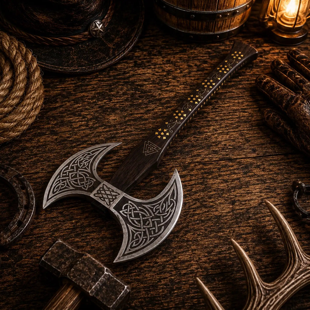 Handmade Norse axe with Nordic knotwork and carbon steel head