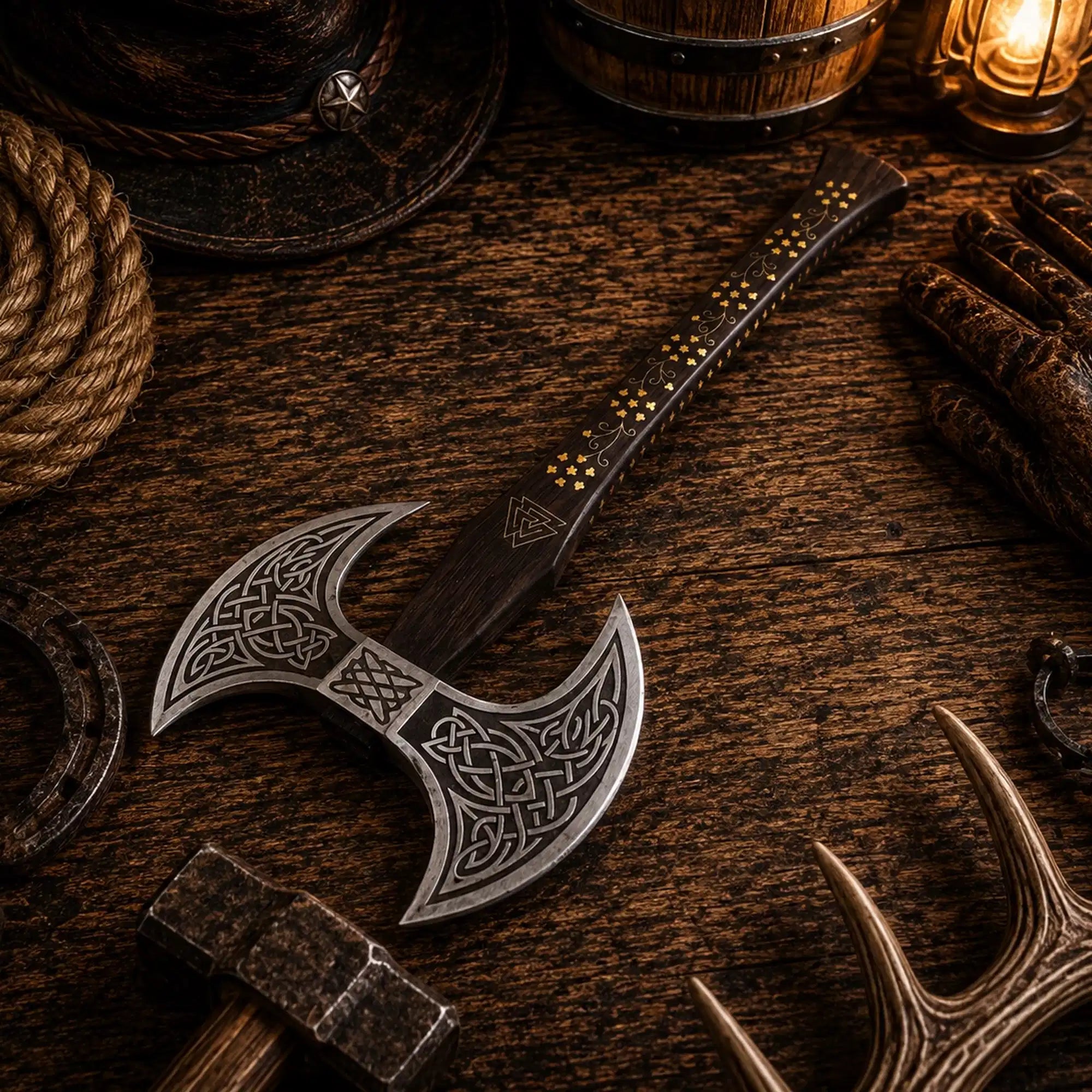 Handmade Norse axe with Nordic knotwork and carbon steel head