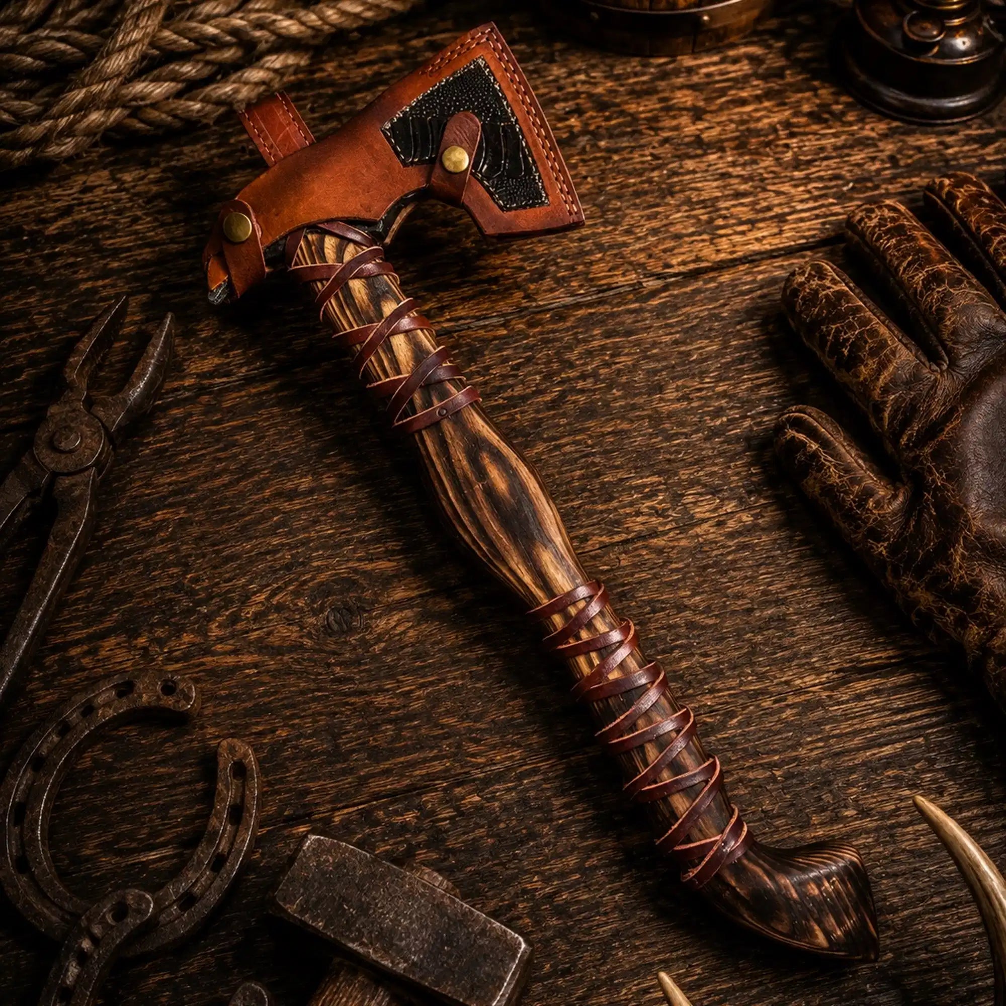 21 inch Viking axe with leather wrapped burnt ash wood handle