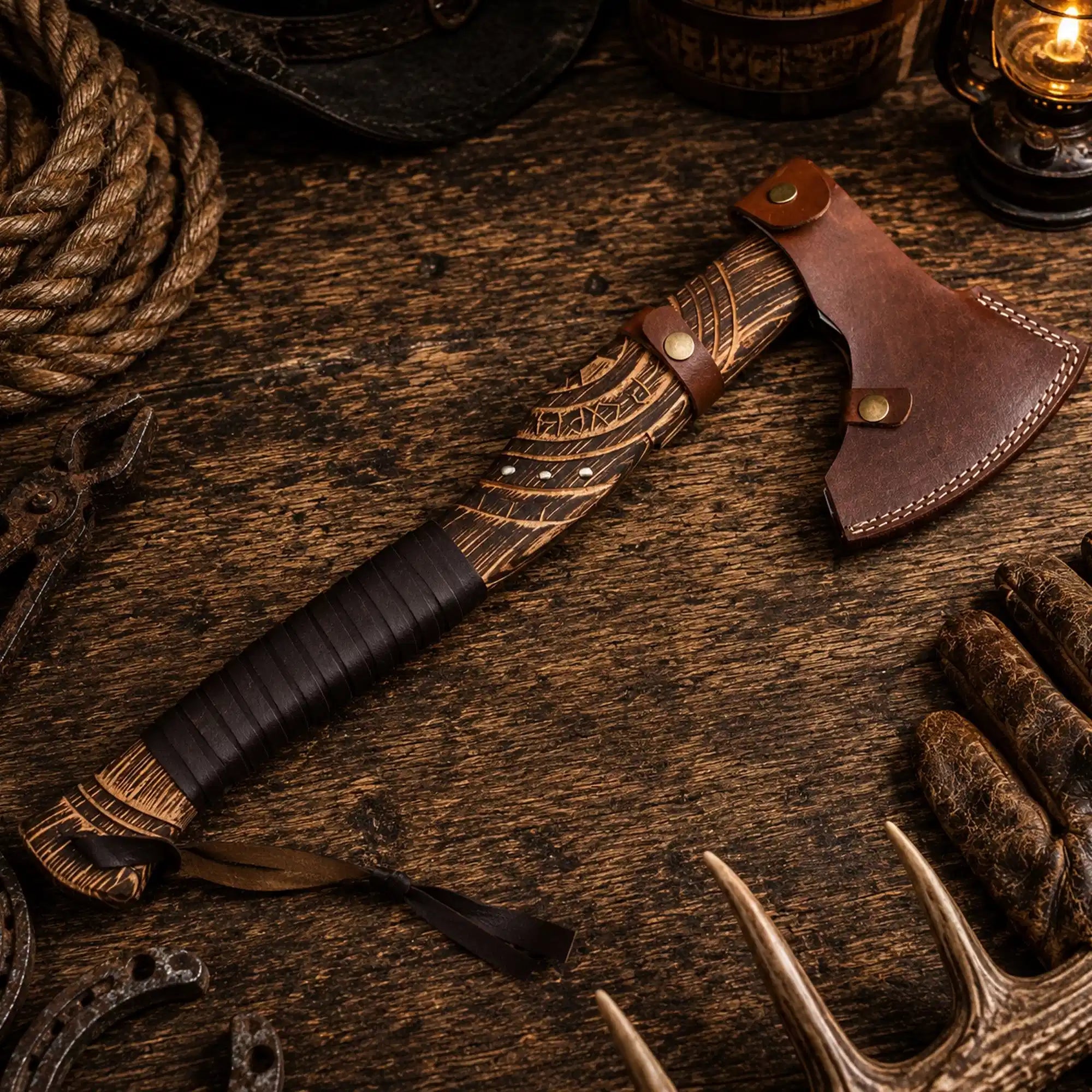 21 inch Viking axe with burnt hand-carved ash wood and leather wrapped grip