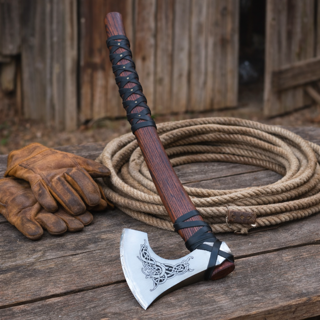 Handmade Viking axe with engraved carbon steel blade and leather wrapped wooden handle on rustic barn table with rope and gloves