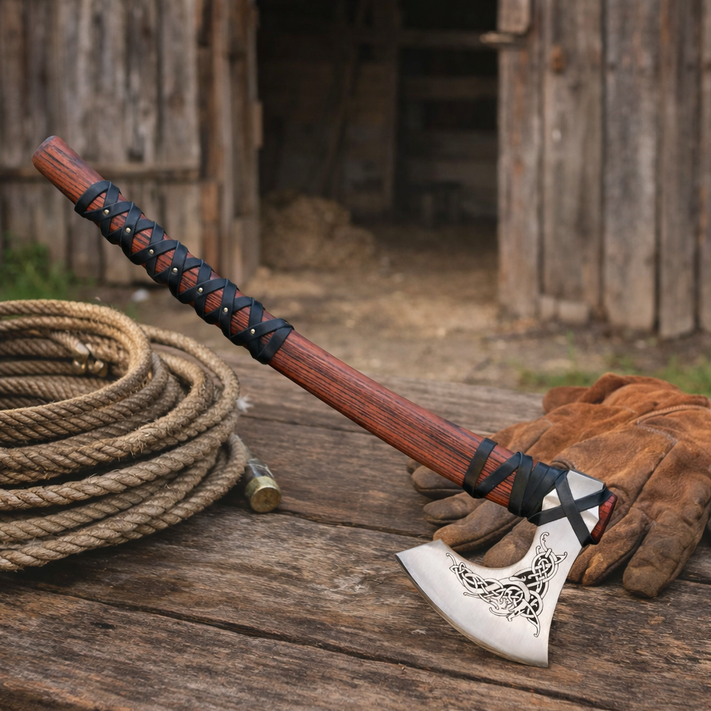 Handmade Viking axe with engraved carbon steel blade and leather wrapped wooden handle on rustic barn table with rope and gloves